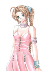 Rule 34 | 1girl, aerith gainsborough, alternate costume, armlet, bad id, blue wristband, bracelet, brown hair, commentary, curly hair, dress, final fantasy, final fantasy vii, green eyes, hair tie, jewelry, long hair, looking at viewer, lowres, necklace, parted bangs, pink dress, ponytail, rendezvous, sidelocks, simple background, smile, solo, spaghetti strap, upper body, very long hair, white background