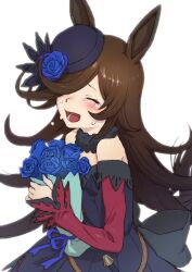 Rule 34 | 1girl, animal ears, blue flower, blue hat, blue rose, blush, bouquet, brown hair, closed eyes, commentary request, crying, dress, flower, hair over one eye, hat, hat flower, highres, holding, holding bouquet, horse ears, horse girl, horse tail, long hair, nametake, off-shoulder dress, off shoulder, open mouth, rice shower (umamusume), rose, solo, tail, tears, tilted headwear, umamusume, very long hair, white background