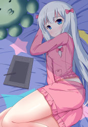 Rule 34 | 1girl, absurdres, blanket, blue eyes, bow, closed mouth, commentary request, crescent, drawing tablet, eromanga sensei, frilled shirt, frilled shorts, frills, from above, hair bow, highres, izumi sagiri, long hair, looking at viewer, looking up, lying, on bed, on side, pajamas, pink bow, pink pajamas, pink shirt, pink shorts, shirt, shorts, silver hair, solo, star (symbol), star print, stuffed animal, stuffed octopus, stuffed toy, stylus, tareme, very long hair, wavy mouth, xiaosamiao