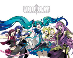Rule 34 | 2boys, 4girls, :d, ahoge, album cover, alternate costume, alternate hairstyle, aqua eyes, aqua hair, arm cuffs, ascot, bare shoulders, belt, blonde hair, blue eyes, blue hair, blue scarf, bow, brown hair, cable, cover, curly hair, everyone, frills, hatsune miku, headphones, holding hands, jacket, kagamine len, kagamine rin, kaito (vocaloid), long hair, looking back, megurine luka, meiko (vocaloid), miwa shirow, multiple boys, multiple girls, navel, open mouth, outstretched arms, pants, pink hair, ponytail, red eyes, ribbon, scarf, shirt, short hair, simple background, skirt, sleeveless, sleeveless shirt, smile, spread arms, thighhighs, twintails, very long hair, vest, vocaloid, watermark, wire, wrist cuffs