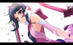 Rule 34 | 1girl, black border, black hair, border, bruise, bruise on face, closed mouth, detached sleeves, flat chest, frown, hair intakes, headphones, headset, injury, letterboxed, nyanmaru, pink sleeves, red eyes, senki zesshou symphogear, short hair with long locks, sidelocks, solo, torn clothes, torn sleeves, tsukuyomi shirabe, upper body, white background