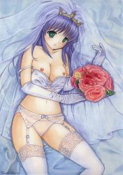 Rule 34 | 1girl, bed sheet, blush, bouquet, bow, bra, bra pull, breasts, bridal veil, bride, cleavage, clothes pull, elbow gloves, feena fam earthlight, female focus, flower, frilled bra, frills, garter belt, garter straps, gloves, green eyes, lace, lace-trimmed legwear, lace trim, large breasts, long hair, looking at viewer, lying, nipples, on back, panties, rose, sarah sauge, satin, satin gloves, satin lingerie, satin sheets, see-through, smile, solo, strap slip, thighhighs, tiara, traditional media, underwear, underwear only, veil, white thighhighs, yoake mae yori ruri iro na