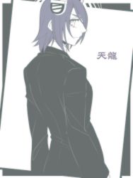 Rule 34 | 10s, 1girl, female focus, formal, from behind, headgear, jacket, kantai collection, limited palette, looking at viewer, looking back, monochrome, necktie, neko majin, short hair, sketch, solo, suit, suit jacket, tenryuu (kancolle), translation request, upper body, white background