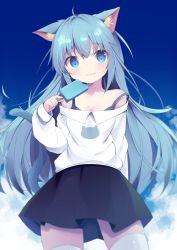 Rule 34 | 1girl, animal ear fluff, animal ears, bare shoulders, black skirt, blue eyes, blue hair, blue sky, breasts, cat ears, cat girl, cat tail, cleavage, closed mouth, cloud, day, fang, fang out, food, hair between eyes, holding, holding food, kyuukon (qkonsan), long hair, off-shoulder shirt, off shoulder, original, outdoors, pleated skirt, popsicle, shirt, skirt, sky, small breasts, smile, solo, standing, tail, tail raised, thighhighs, very long hair, white shirt, white thighhighs