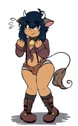 Rule 34 | 1boy, animal ears, black hair, boots, brown eyes, bulge, cow, cow ears, cow horns, cow tail, highres, horns, mole, shorts, solo, tail, thong, trap, yellow kirby