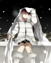 Rule 34 | city, coat, kgr, night, red hair, sitting, snow, solo, yellow eyes