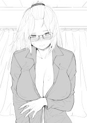 Rule 34 | 1girl, absurdres, bangs pinned back, blush, breasts, ceiling, cleavage, commentary, curtains, embarrassed, english commentary, glasses, greyscale, highres, implied sex, indoors, inne sulistya robin, long hair, looking at viewer, monochrome, no bra, norman maggot, open clothes, open shirt, original, solo, sweat, sweatdrop, teacher