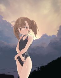 Rule 34 | 1girl, :o, black choker, black one-piece swimsuit, blunt bangs, breasts, brown eyes, brown hair, choker, cloud, competition swimsuit, earrings, female focus, heart, heart earrings, highres, jewelry, looking at viewer, one-piece swimsuit, original, outdoors, renga (yakihebi), short hair, sky, small breasts, solo, standing, sunset, swimsuit, thighs, twintails, undressing, yakihebi