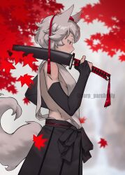 Rule 34 | 1girl, absurdres, animal ears, autumn leaves, black gloves, closed mouth, gloves, hakama, hat, highres, holding, holding sword, holding weapon, inubashiri momiji, japanese clothes, red eyes, roman komarov, self-upload, solo, sword, tail, tokin hat, touhou, weapon, white hair, wolf ears, wolf tail
