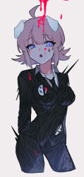 Rule 34 | 1girl, absurdres, ahoge, black jacket, black necktie, black pants, blood, breasts, collared shirt, e.g.o (project moon), employee (project moon), highres, jacket, lobotomy corporation, long sleeves, looking at viewer, medium breasts, moth ram, necktie, open mouth, pants, pink blood, pink hair, project moon, shirt, simple background, solo, white background, white shirt