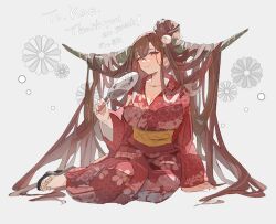 Rule 34 | 1girl, barefoot sandals (jewelry), black footwear, blush, breasts, brown eyes, brown hair, cleavage, collarbone, commentary, commission, english commentary, freya (kae (kikkerikill)), grey background, hair between eyes, hair bun, hand fan, holding, holding fan, horns, japanese clothes, kimono, large breasts, leaning to the side, long hair, looking at viewer, mole, mole on breast, nail polish, noppo (nopon), obi, okobo, original, red kimono, red nails, sandals, sash, single hair bun, sitting, skeb commission, smile, solo, toenail polish, toenails, very long hair, yukata