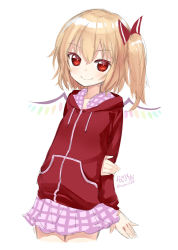 Rule 34 | 1girl, alternate costume, blonde hair, bow, capriccio, contemporary, flandre scarlet, hair bow, hair ornament, hibanar, hood, hoodie, long sleeves, looking at viewer, miniskirt, no headwear, no headwear, plaid, plaid skirt, red eyes, short hair, side ponytail, simple background, sketch, skirt, smile, solo, text focus, touhou, twitter username, white background, wings