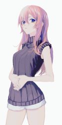 Rule 34 | 1girl, bare arms, blue eyes, closed mouth, cowboy shot, grey background, grey sweater, hair between eyes, highres, interlocked fingers, long hair, looking at viewer, megurine luka, own hands clasped, own hands together, p2 (uxjzz), pink hair, ribbed sweater, short shorts, shorts, simple background, solo, standing, sweater, sweater vest, vocaloid