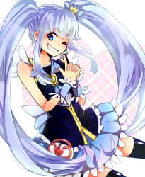 Rule 34 | 10s, 1girl, blue eyes, blue hair, blue skirt, blue thighhighs, brooch, crown, cure princess, eyelashes, grin, hair ornament, hair ribbon, happinesscharge precure!, happy, heart, heart brooch, jewelry, long hair, looking at viewer, magical girl, matching hair/eyes, one eye closed, precure, ribbon, ritsuko itaike, shirayuki hime, shirt, skirt, smile, solo, thighhighs, thighs, twintails, wink, wrist cuffs, yubiko (itaike), zettai ryouiki