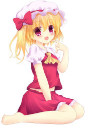 Rule 34 | 1girl, :d, ascot, bad id, bad pixiv id, barefoot, blush, bow, embodiment of scarlet devil, female focus, finger to mouth, flandre scarlet, full body, hat, hat bow, looking at viewer, mob cap, open mouth, pink eyes, short sleeves, simple background, sitting, skirt, skirt set, smile, solo, touhou, utahiro (shima), white background, yellow ascot