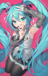 Rule 34 | 1girl, ahoge, aqua eyes, aqua hair, aqua nails, aqua necktie, arm up, black sleeves, commentary request, dated, detached sleeves, from above, grey shirt, gunjou row, hatsune miku, headphones, headset, highres, kneeling, long hair, looking at viewer, necktie, pink background, see-through, see-through sleeves, seiza, shirt, sitting, skindentation, solo, sparkle, tongue, tongue out, twintails, twitter username, very long hair, vocaloid