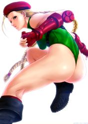 Rule 34 | 1girl, absurdres, antenna hair, ass, beret, blue eyes, boots, braid, breasts, cammy white, combat boots, elbow gloves, eyelashes, fingerless gloves, forehead, gloves, green leotard, hat, highleg, highleg leotard, highres, jumping, leotard, lips, long hair, looking at viewer, looking back, medium breasts, mugetsu2501, nose, red gloves, scar, socks, solo, street fighter, street fighter v, thong leotard, twin braids, very long hair, white background