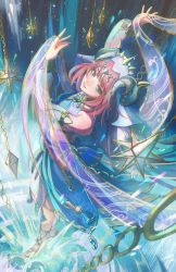 Rule 34 | 1girl, barefoot sandals (jewelry), blue shirt, blue veil, chain, cropped shirt, dancer, dancing, detached sleeves, from above, genshin impact, highres, holding cloth, horns, jessica wijaya, looking to the side, nilou (genshin impact), open hands, parted lips, red hair, shirt, solo, space, star (sky), veil, water