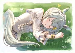 1girl animal_ears bug butterfly closed_eyes horse_ears horse_girl horse_tail insect lying mugen_kageno on_grass on_side seiun_sky_(umamusume) signature silver_hair sleeping solo tail umamusume