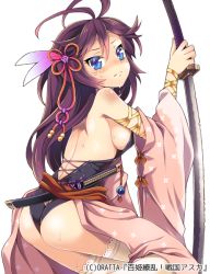 Rule 34 | 1girl, ass, bad id, bad pixiv id, bare back, blue eyes, breasts, crying, detached sleeves, from side, hair ornament, ikura hato, katana, long hair, looking at viewer, momohime ryouran! sengoku asuka, purple hair, sheath, sheathed, sideboob, solo, sword, tears, thighhighs, unsheathed, weapon, white thighhighs