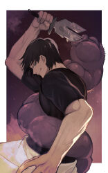 Rule 34 | 1boy, absurdres, black hair, cowboy shot, drawing sword, fighting stance, from side, fushiguro touji, highres, holding, holding sword, holding weapon, jujutsu kaisen, looking at viewer, male focus, mature male, profile, purple theme, scar, scar on face, scar on mouth, short hair, sideways glance, smile, smirk, solo, sword, tamago sando, toned, toned male, weapon