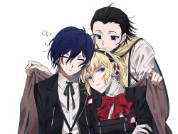 Rule 34 | 1girl, 2boys, aegis (persona), black hair, black jacket, blanket, blonde hair, blue eyes, blue hair, bow, bowtie, closed eyes, closed mouth, collared shirt, covering with blanket, elulit2, gekkoukan high school uniform, green ribbon, hair between eyes, hair slicked back, headphones, highres, holding, holding blanket, holding own arm, jacket, looking at another, looking up, mochizuki ryouji, mole, mole under eye, multiple boys, neck ribbon, open clothes, open jacket, persona, persona 3, red bow, ribbon, scarf, school uniform, shirt, short hair, simple background, sleeping, sleeping on person, sleeping upright, smile, squeans, upper body, white background, white shirt, wing collar, yellow scarf, yuuki makoto (persona 3)
