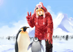 Rule 34 | 10s, 1boy, barnaby brooks jr., beanie, bird, blonde hair, breath, coat, earflap hat, gloves, green eyes, hat, hat pompom, jacket, male focus, no eyewear, outdoors, penguin, red gloves, red jacket, siruphial, snow, tiger &amp; bunny, v, winter clothes