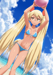 Rule 34 | 10s, 1girl, arms up, ball, bikini, blonde hair, blue bikini, blush, breasts, cleavage, day, dog tail, dripping, dutch angle, front-tie top, glasses, groin, hair ribbon, halterneck, highres, long hair, looking at viewer, navel, nigou, open mouth, outdoors, parted lips, retoree (show by rock!!), ribbon, show by rock!!, side-tie bikini bottom, small breasts, solo, standing, swimsuit, tail, tan, twintails, very long hair, wet, yellow eyes