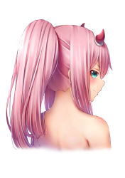 Rule 34 | 10s, 1girl, absurdres, bad id, bad pixiv id, bare shoulders, blush, closed mouth, commission, cropped torso, darling in the franxx, from behind, hairband, high ponytail, highres, horns, long hair, looking at viewer, looking back, pink hair, ponytail, portrait, profile, smile, solo, wakkuchin20, zero two (darling in the franxx)