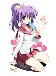Rule 34 | 1girl, bow, breasts, cleavage, cocksicle, covered erect nipples, eating, food, full body, hair bow, kneeling, medium breasts, nipples, penisicle, phallic symbol, ponytail, popsicle, puffy nipples, purple eyes, purple hair, school uniform, serafuku, shoes, sikorsky, simple background, socks, solo, wet, wet clothes, white background