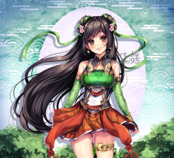 Rule 34 | 1girl, arms at sides, artist name, bare shoulders, black gloves, black hair, blush, breasts, brown eyes, chinese clothes, cleavage, colored eyelashes, detached sleeves, double bun, fingerless gloves, floating clothes, floating hair, flower, gloves, green ribbon, green sleeves, grin, guan yinping, hair bun, hair flower, hair ornament, hair ribbon, lips, long hair, looking at viewer, medium breasts, patterned clothing, pink flower, pleated skirt, red skirt, ribbon, sasucchi95, shin sangoku musou, sidelocks, simple background, skirt, smile, solo, spider lily, standing, very long hair, white trim, wind