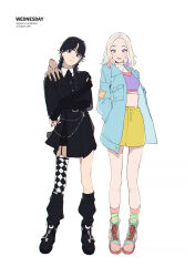 Rule 34 | 2girls, absurdres, addams family, animification, asymmetrical legwear, belt, black eyes, black footwear, black hair, black nails, black sleeves, blonde hair, blue coat, blue eyes, braid, breasts, buttons, checkered thighhighs, closed mouth, coat, copyright name, crop top, cross-laced footwear, disembodied hand, enid sinclair, expressionless, fingerless gloves, full body, garter belt, gloves, highres, key, looking at viewer, midriff, multicolored hair, multiple girls, nail polish, open mouth, simple background, skirt, small breasts, smile, streaked hair, sugata dski, thing (addams family), twin braids, twitter username, wednesday (netflix), wednesday addams, white background, wing collar, yellow skirt