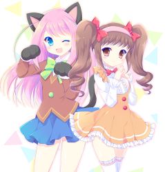 Rule 34 | 10s, 2girls, ;3, ;d, animal ears, animal hands, bad id, bad pixiv id, blue eyes, blush, bow, bowtie, brown eyes, brown hair, buttons, cat ears, cat tail, center frills, chibimi, chibita, closed mouth, collared shirt, cowboy shot, curly hair, dress, facial mark, frilled legwear, frilled shirt collar, frills, genderswap, genderswap (mtf), gloves, green bow, green bowtie, green hair, hair bow, hairband, hasekura chiaki, hashimoto nyaa, long hair, looking at viewer, miniskirt, multicolored hair, multiple girls, one eye closed, open mouth, osomatsu-san, osomatsu (series), own hands together, paw gloves, paw pose, pink hair, pink ribbon, red bow, red eyes, ribbon, school uniform, shirt, skirt, smile, streaked hair, tail, thighhighs, triangle, twintails, whisker markings, white legwear, white shirt