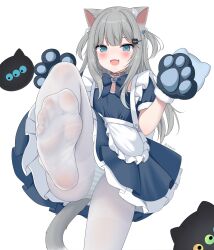 1girl animal_ears blue_eyes cat_ears cat_girl cat_hair_ornament cat_tail feet grey_hair gugu0v0 hair_ornament highres indie_virtual_youtuber long_hair looking_at_viewer maid nachoneko no_shoes open_mouth panties pantyhose paw_hair_ornament soles striped_clothes striped_panties tail toes underwear virtual_youtuber white_pantyhose