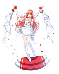 Rule 34 | 1girl, :d, ankle bow, ankle ribbon, banner, bare shoulders, bell, blush, bouquet, bow, bow choker, braid, breasts, bridal gauntlets, choker, closers, curly hair, dress, falling petals, flower, full body, hair ribbon, hand up, high heels, highres, holding, holding bouquet, knees together feet apart, lace, lace-trimmed dress, lace-trimmed thighhighs, lace trim, long hair, looking at viewer, luna aegis (closers), medium breasts, official art, open mouth, orange hair, petals, pink flower, pink rose, purple eyes, red bow, red carpet, red flower, red rose, ribbon, rose, short dress, side braids, smile, solo, stairs, standing, standing on one leg, strapless, strapless dress, tachi-e, teeth, thighhighs, upper teeth only, very long hair, wedding dress, white background, white bow, white bridal gauntlets, white choker, white dress, white footwear, white ribbon, white thighhighs