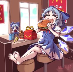 Rule 34 | 1girl, :d, ^ ^, barefoot, blue bow, blue dress, blue hair, blush, bow, burger, character doll, cirno, closed eyes, collar, crossed legs, dress, eating, embodiment of scarlet devil, fairy wings, fang, feet, food, fumo (doll), hair bow, happy meal, ice, ice wings, kidakash, legs, mcdonald&#039;s, open mouth, puffy short sleeves, puffy sleeves, self-upload, short dress, short hair, short sleeves, smile, touhou, white collar, wings