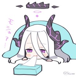 Rule 34 | 1girl, blue archive, blush stickers, chibi, curled horns, hair between eyes, halo, hina (blue archive), horns, multiple horns, nishiki koi, purple eyes, simple background, solo, tissue box, translation request, twitter username, under covers, white background, white hair
