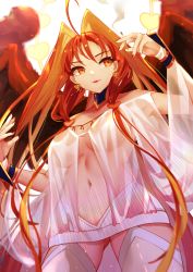 Rule 34 | 1girl, ahoge, aphrodite (fate), breasts, center opening, cleavage, dress, faicha, fate/grand order, fate (series), hair intakes, highres, jewelry, large breasts, long hair, multiple wings, nail polish, navel, necklace, red hair, red wings, see-through, skull, smile, solo, thighhighs, thighs, very long hair, white dress, white thighhighs, wings