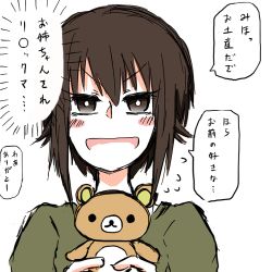 Rule 34 | 1girl, brown eyes, brown hair, girls und panzer, holding, holding stuffed toy, looking at viewer, nishizumi maho, noumen, open mouth, shirt, short hair, simple background, solo, stuffed animal, stuffed toy, teddy bear, translation request, white background