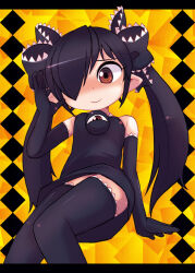 Rule 34 | 1girl, adjusting hair, backbeako (torotei), backbeard, black dress, black gloves, black hair, black ribbon, black thighhighs, blush, closed mouth, commentary request, dress, elbow gloves, from below, gegege no kitarou, gloves, hair over one eye, hair ribbon, letterboxed, light smile, long hair, looking at viewer, original, partial commentary, pointy ears, red eyes, ribbon, ringed eyes, simple background, sitting, sleeveless, sleeveless dress, solo, thighhighs, torotei, twintails, yellow background