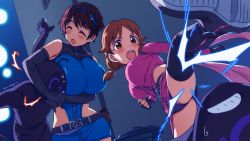 Rule 34 | 2girls, ass, bare shoulders, belt, black footwear, black gloves, blue bodysuit, blush, bodysuit, boots, breasts, brown eyes, brown hair, closed eyes, elbow gloves, fingerless gloves, gloves, hairband, headlock, hip focus, huge breasts, idolmaster, idolmaster cinderella girls, jumpsuit, katagiri sanae, kicking, large breasts, long sleeves, low twintails, multiple girls, oikawa shizuku, open mouth, parted bangs, pink bodysuit, pole (ppp1409), pouch, sexy guilty, sexy guilty (idolmaster), short hair, short twintails, swept bangs, thigh boots, thighhighs, thighs, twintails, zipper