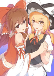 Rule 34 | 2girls, absurdres, alternate hairstyle, apron, back, blonde hair, blush, bow, bowtie, brown eyes, brown hair, crop top, detached sleeves, gradient background, hair bow, hair ornament, hair ribbon, hair tubes, hakurei reimu, hat, hat bow, highres, holding hands, interlocked fingers, japanese clothes, kirisame marisa, long hair, long sleeves, looking at viewer, looking back, low twintails, miko, multiple girls, open mouth, ponytail, puffy sleeves, ribbon, seneto, shirt, short sleeves, skirt, skirt set, smile, touhou, twintails, vest, waist apron, wide sleeves, witch hat, yellow eyes, yuri