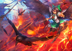 Rule 34 | 1girl, arm cannon, bird, bird wings, black hair, black thighhighs, black wings, bow, breasts, cape, crow, feathered wings, feathers, hair bow, large breasts, looking at viewer, melon22, lava, open mouth, pointing, pointing at viewer, reiuji utsuho, shirt, solo, spread wings, thighhighs, third eye, touhou, weapon, white shirt, wings