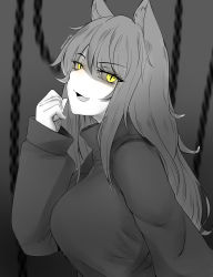 Rule 34 | 1girl, absurdres, animal ears, black background, black hair, blake belladonna, breasts, cat ears, chain, commentary, english commentary, eyes visible through hair, gesugao, glowing, glowing eye, greyscale, highres, large breasts, long hair, monochrome, open mouth, rwby, sweater, yellow eyes, z666ful
