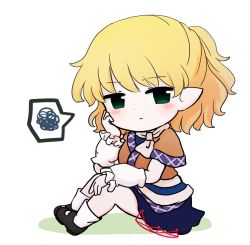 Rule 34 | 1girl, arm cuffs, black eyes, black footwear, blonde hair, blue skirt, blush, breasts, brown shirt, brown sleeves, chibi, closed mouth, full body, grass, green eyes, hair between eyes, hand on own face, hand up, looking at viewer, medium breasts, mizuhashi parsee, pointy ears, rei (tonbo0430), scarf, shirt, shoes, short hair, short sleeves, simple background, sitting, skirt, socks, solo, touhou, white background, white neckwear, white scarf, white socks