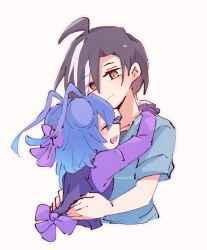 Rule 34 | 2girls, aged down, alonemistrist, alternate costume, antenna hair, black hair, blue hair, blue shirt, closed eyes, closed mouth, commentary, cropped torso, dragalia lost, dress, grey hair, hair between eyes, hug, looking at another, multicolored hair, multiple girls, open mouth, origa (dragalia lost), purple dress, regina (dragalia lost), shirt, step-siblings, step-sisters, symbol-only commentary, teeth, two-tone hair, upper body, upper teeth only, white background, yellow eyes