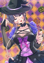 Rule 34 | 1girl, :p, black dress, black gloves, blush, boku no hero academia, breasts, bridal gauntlets, checkered background, choker, cleavage, closed mouth, collarbone, cowboy shot, dress, dutch angle, fishnet gloves, fishnets, gloves, halloween, halloween costume, hat, highres, jack-o&#039;-lantern, jirou kyouka, looking at viewer, medium breasts, moz9 shinonome, purple hair, short hair, short sleeves, solo, standing, tongue, tongue out, witch hat