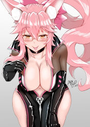 Rule 34 | 1girl, animal ear fluff, animal ears, arkfield, black bodysuit, blush, bodysuit, bow, breasts, center opening, choker, cleavage, fate/grand order, fate (series), fox ears, fox girl, fox tail, glasses, hair between eyes, hair bow, highres, hip vent, koyanskaya (assassin) (first ascension) (fate), koyanskaya (fate), large breasts, leaning forward, long hair, looking at viewer, pink bow, pink hair, ponytail, sidelocks, smile, solo, tail, tamamo (fate), thighs, tongue, tongue out, yellow eyes