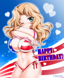 Rule 34 | 1girl, american flag background, american flag bikini, american flag print, bikini, blonde hair, blue eyes, blush, breasts, cleavage, closed mouth, clothes lift, flag print, girls und panzer, happy birthday, kay (girls und panzer), kuromori yako, large breasts, long hair, looking at viewer, navel, one eye closed, parted bangs, print bikini, shirt lift, smile, solo, swimsuit