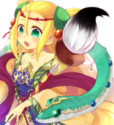 Rule 34 | 1girl, :d, animal, bad id, bad pixiv id, bare shoulders, blonde hair, blush, calligraphy brush, circlet, collarbone, green eyes, hair bobbles, hair ornament, hair strand, holding, jewelry, long hair, long sleeves, meimei (p&amp;d), necklace, off shoulder, open mouth, oversized animal, paintbrush, puzzle &amp; dragons, simple background, smile, snake, solo, turtle shell, very long hair, white background, yuya (oshidori)
